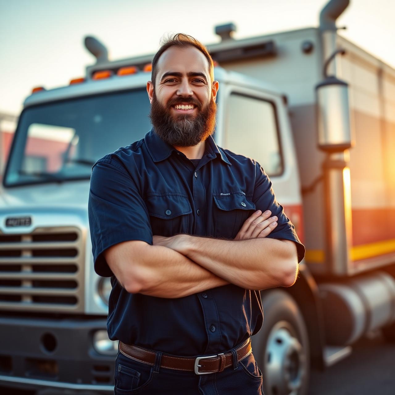 Mujeeb founder standing in front of his mobile truck service rig at golden hour